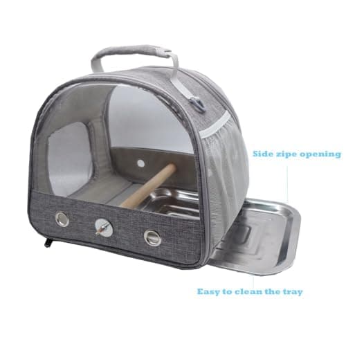 Bird Travel Carrier with Standing Perch and stainless Steel Tray,Breathable Collapsible Small Bird Carrier Travel Bag for Parrot Parakeet Small Animals for travel hiking Camping (Grey) — view 4