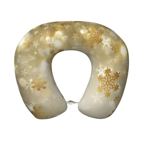 AUGUSTRUSH Memory Foam Neck Pillow - Travel Pillow With Adjustable Clasp, Removable Washable Cover For Airplane Office Car, Ergonomic Support Comfortable U-Shaped Pillow, Gold Silk Christmas Print