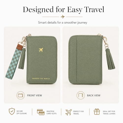 Kideerly Passport Holder Travel Wallet, PU Leather Passport Case Document Holder Organiser with Zipped Closure & Wrist Strap, Passport Cover for Women Men Holiday Travel Accessories — view 5
