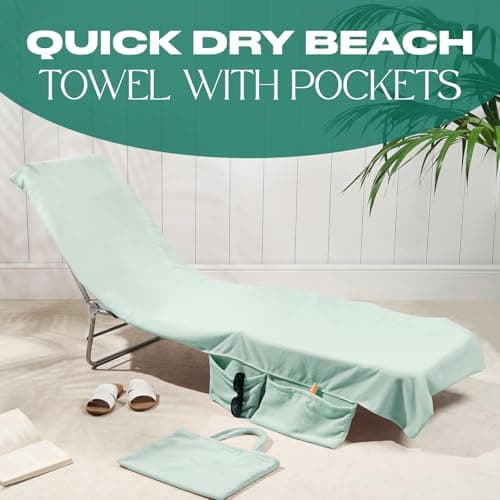 Brentfords Sunlounger Towel with Pockets, Soft Quick Dry Fabric Lightweight Easy Storage Large Beach Towel with Pockets For Travel Poolside or Beach Days, Sage - 75 x 215cm — view 2