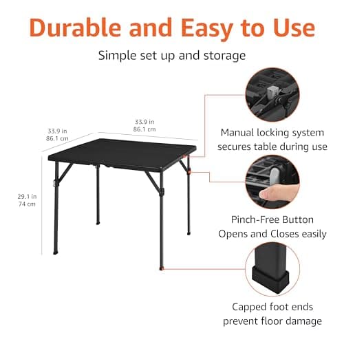 Amazon Basics Square Folding Table with Carrying Handle, Indoor & Outdoor, Portable, Lightweight, Travel and Dining Table, Picnic, Camping, Black, 86.1 x 86.1 x 74 cm — view 2