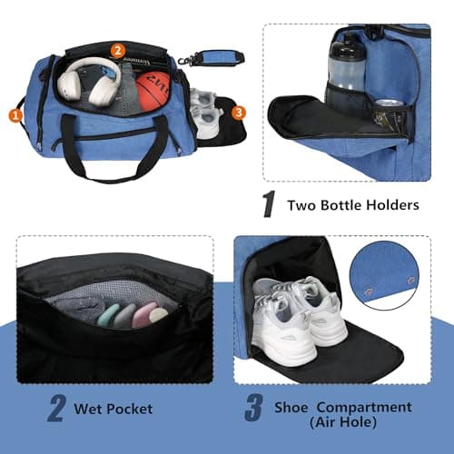 Gym Bag with Shoe Compartment & Wet Pockets for Men/Women,Sports Duffle Bags for Workout/Fitness/Travel (Blue, 20"x11"x11") — view 3