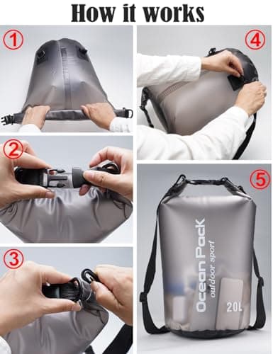 Henrycares Waterproof Dry Bag 20L 10L 5L, Sack with Phone Dry Bag and Long Adjustable Shoulder Strap Included, for Traval, Camping, Hiking, Swimming, Boating, Fishing (Black, 20L) — view 6