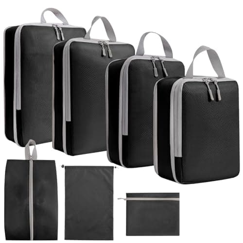 7PCS Compression Packing Cubes Set, Travel Luggage Organiser Bags for Suitcases & Backpacks, Space-Saving Packing Organisers for Trips (Black)
