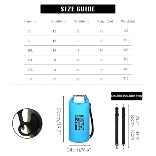 MORAINJAY 15L Sky Blue Dry Bag,Waterproof Bag with Double Adjustable Shoulder Strap,Middle Capacity Dry Sack 2L 5L 10L 15L 20L 30L for Outdoor Camping,Rafting,Swimming,Boating,Surfing — view 2