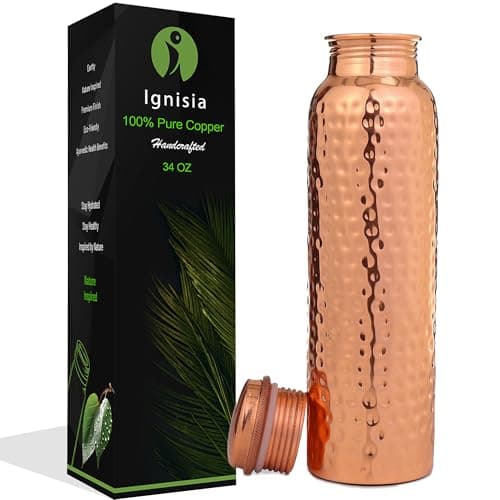Ignisia Copper Water Bottle 34oz - 100% pure copper water bottle for drinking | eco-friendly | lab tested | Leak-Proof | Handcrafted Ayurvedic for Health & Wellness Hammered
