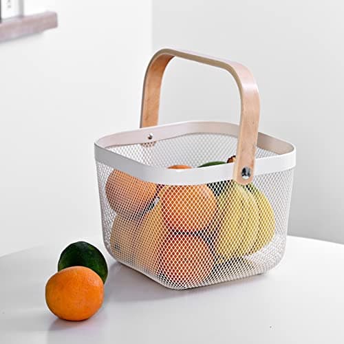 Metal Basket Storage Organizer, Multi-functional Basket with Bamboo Handle for Home Kitchen Picnic Shopping Decoration (Pink) — view 6