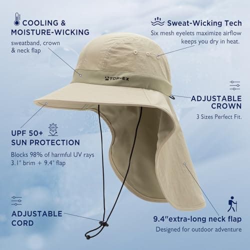 TOP-EX Cooling Sun Hat, UPF 50+, Neck Flap, Light Khaki, XL/XXL — view 3
