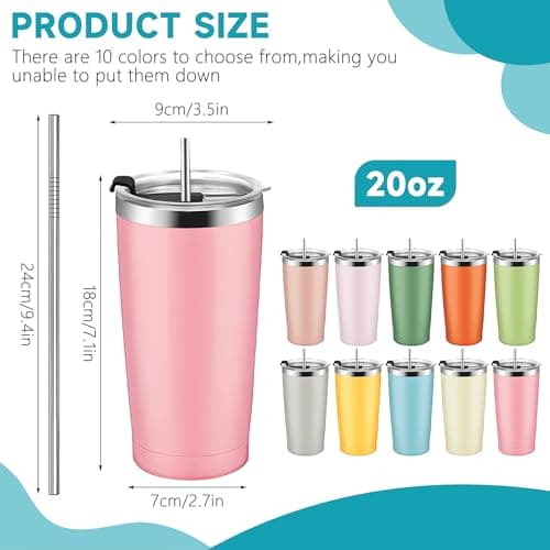 10 Pack Travel Mug Bulk, Stainless Steel, with Lid and Straw, 20oz/568ml — view 2