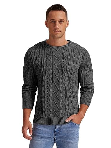 Hisir Men's Cable Knit Jumper, Thick Warm Crew Neck Winter, Dark Grey, XL — view 2