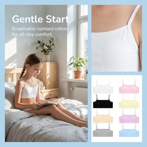 8 Pack Girls Crop Tops & Training Bras, Cotton Set for Ages 8-12 | Over 90% Cotton, Light Support, 8 Crop Tops, Ages 8-12, 8 Colours, for School, PE And Daily Wear — view 6