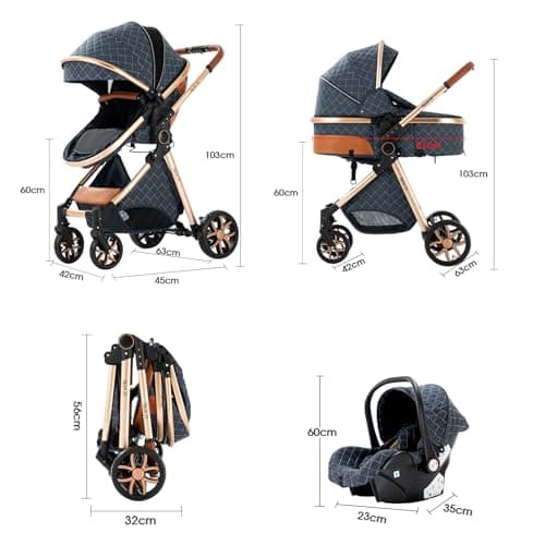 Magic ZC 3 in 1 Pushchair Pram Travel System, Baby Stroller 3 in 1 with Reversible Two Pushing Modes, Newborn Infant Carriage One-Click Folding, Toddler Buggy Aluminum Frame (V9 Blue) — view 6