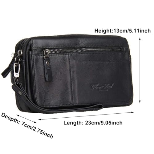 Men Clutch Bag Leather Wrist Purse for Men Women Travel Outdoor Business Organizer Wristlet Strap Pouch Coin Money Wallet Handbag Daypack Black — view 6