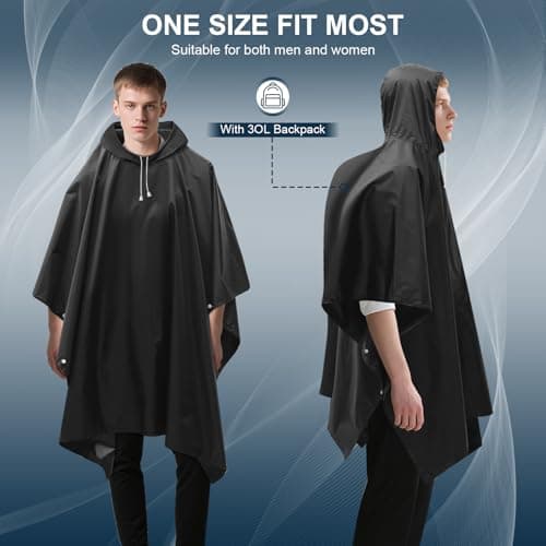 Czyan 2 Pack Rain Ponchos for Adults Reusable,Thickened Portable EVA Waterproof Raincoats Survival Emergency Lightweight Duty Rain Coat with Drawstring Hood for Hiking Camping Fishing & Travel - Black — view 5