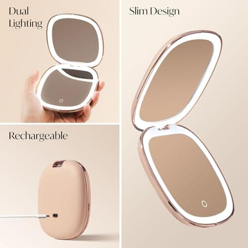 Fancii Mila 2 Compact Makeup Mirror with LED Light, Rechargeable, 10x /1x Magnifying, Tru-Glow Lighting System, Vegan Leather, Small Travel Mirror for Purses (Champagne Cream) — view 6