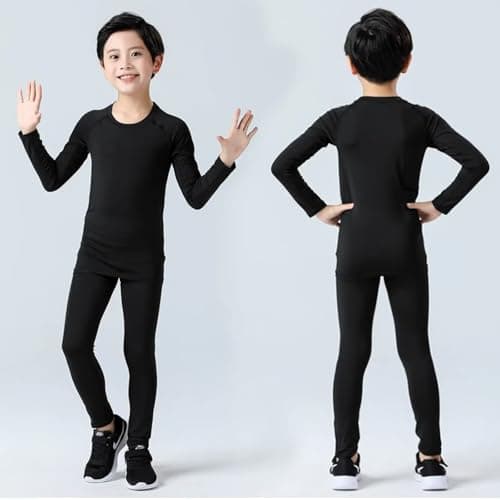 Guoegh Kids Base Layers sets Boys Football Sport Skins Warm Thermal Baselayers Sets Long Sleeve Top & Legging for Children(Black,12-13 Years) — view 2
