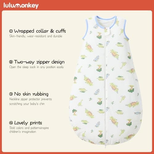 LULUMONKEY 1.5 Tog Baby Sleeping Bag 18-36 Months, Soft 100% Cotton Baby Wearable Blanket for Newborn Sleep Sack, Dinosaur — view 2