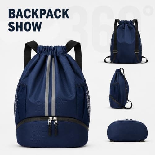 Sioloc Blue Waterproof Drawstring Backpack for Gym & Swim – Lightweight Sports Bag with Shoe Compartment, Large Capacity, Wet/Dry Pockets (Men & Women) — view 3