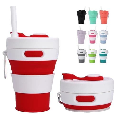 MORAINJAY Collapsible Coffee Cup with Lids,15oz/450ml Red Silicone Portable Reusable Coffee Mug,Foldable Camping Travel Cup Fits in Your Pocket(Collapses to 6cm)