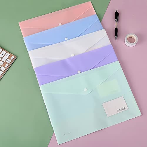 ASTARON 10 Pack A4 Plastic Envelopes Folders, Clear Document Folders Snap Envelopes, A4 File Folder with Label Pocket, for School Home Work Office, 5 Colors — view 3
