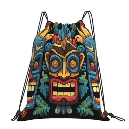 STVYUKL Cool Steampunk Gears Drawstring Backpack Lightweight Sports Gym Sack Drawstring Bags Cinch Bag Sackpack For Work Gym Swim Travel, Colorful Tiki Mask Pattern, One Size