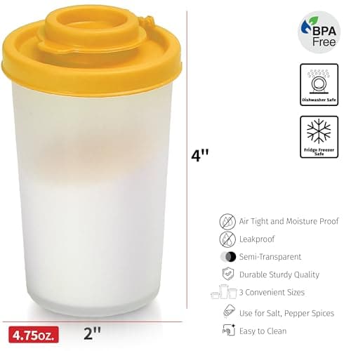 SIGNORAWARE Salt and Pepper Shakers Moisture Proof Set of 2 Large Salt Shaker to go Camping Picnic Outdoors Kitchen Lunch Boxes Travel Spice Set Clear with Yellow Lids Plastic Airtight Dispenser — view 6