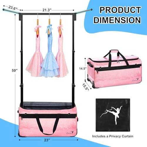 Dance Bag with Garment Rack and Privacy Curtain, 23" Bling Dance Bag with Curtain, Collapsible Dance Competition Bags with Stand for Shows, Livestreamers, Travel, Pink, Fashion (Pink -23") — view 5