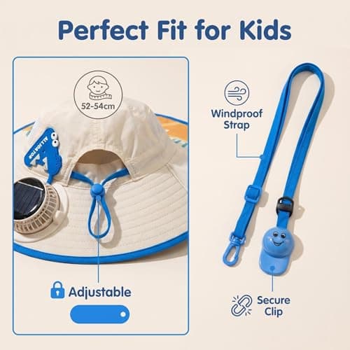 Kids Cool Fan Sun Hats,Cute Solar & USB Charging Fan Sun Caps,Wide Sun Protection Bucket Hat with Detachable Neck Flap, Adjustable Summer Cooling Hat for Boys Girls Outdoor Beach (Blue) — view 4