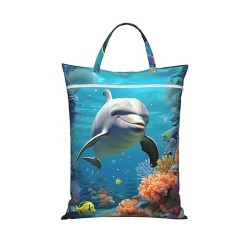 Dolphin and Coral Travel Laundry Bag for Dirty Clothes 1 PC, Foldable Waterproof Washable Wet Dry Bag with Handle Zippered Hanging Laundry Hamper for Travel, Gym, Swimming Pool