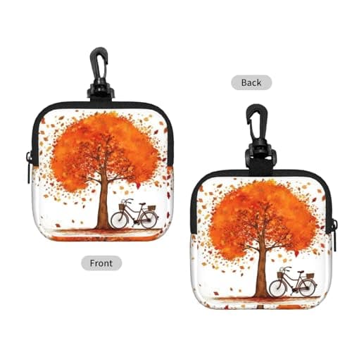 Mini Pouch with Carabiner, Neoprene Travel Makeup Bag with Zipper Tool Storage Pouch Autumn Tree with Aged Old Bike Coin Purse Portable Earbud Case Waterproof Card Holder Wallet for Women Men — view 2