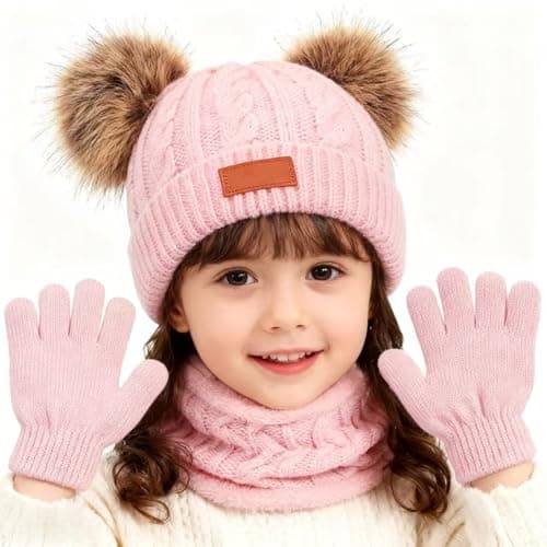 SSKHE 3Pcs Kids Winter Warm Beanie Hat Scarf Gloves Set for 1-5 Years Old Boys Girls. Winter Accessories Sets for Children Outdoor Sports, Knit Thick Warm Fleece Lined Thermal Sets (Pink2) — view 4