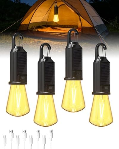 Bonlux USB Rechargeable Camping Lights, Solar Powered Waterproof LED Camping Lantern, Warm White Dimmable Outdoor Emergency Light with Hanging Hook for Tent, Power Cuts, Hiking, Pack of 4
