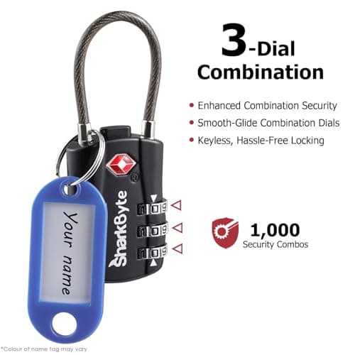 SharkByte TSA Suitcase Locks - 3-Dial Security Travel Combination Padlock, Flexible Cable Wire Travel Lock for Suitcases Luggage Case Travel Bag Gym Locker Code Small Padlock (Pack of 1) — view 5