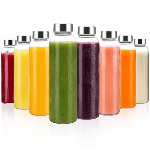 SUNNYNEST 8 Pack Glass Water Bottles 500ml, 22×6×6cm Reusable Leakproof Juice Bottles with Stainless Steel Lids & Cleaning Brush, Clear Glass Containers for Juicing, Milk, Smoothies, Hot & Cold Drinks