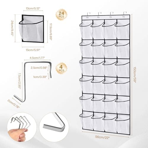 lafo Over Door Shoe Storage, Shoe Organizer with 24 Pockets, Hanging Storage for Closet, Bedroom, Bathroom, 4 Reinforced Hooks, Large Mesh Shoe Hanger, Space Saving (White, 24 squares) — view 2