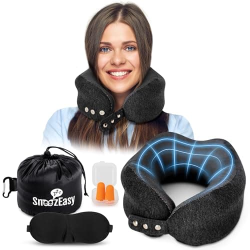 SnoozEasy™ Travel Pillow for Adults | High-Density Memory Foam Neck Pillow for Airplane | Adjustable Flight Travel Cushion with Eye Mask, Ear Plugs, Carry Bag & Carabiner Clip | UK Brand