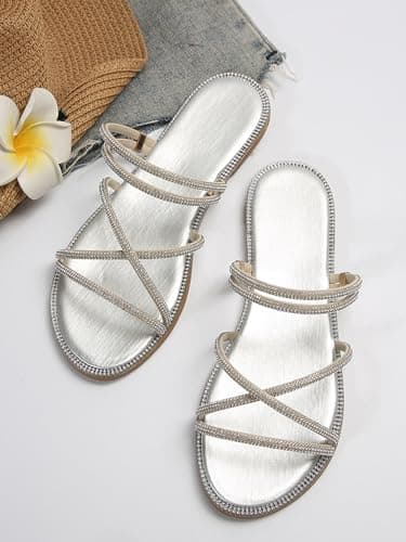 Sksshion Women's Glitter Rhinestone Flat Criss Cross Strappy Open Toe Sandals Slip On Slippers Silver 5.5 — view 5