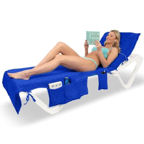 ITSA Terry Towelling Beach Towel with Pockets & Handles | 100% Cotton Foldable Sun Lounger Cover | Carry Bag | Secure Storage Beach Towel (Ocean Blue)