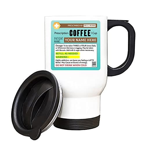 Getagift Personalised Name Coffee Prescription Silver/White Insulated 14oz Travel Tea/Coffee Mug. (White)