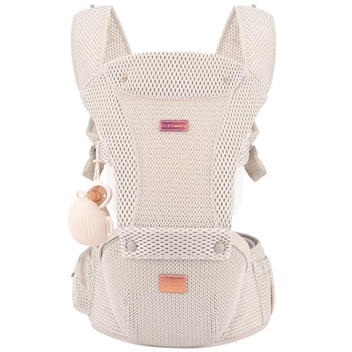 Bebamour Baby Carrier with Hip Seat, Newborn to Toddler 0–36 Months, Ergonomic Infant Carrier with Adjustable Waist Belt, Head Hood, Teething Pads & Waist Extender, Mesh Gold