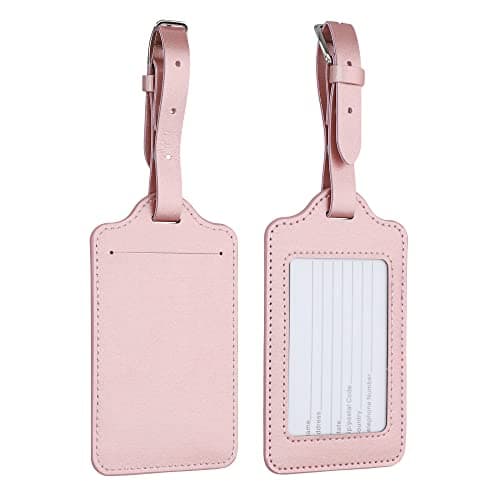 kwmobile Luggage Tags - 2X Synthetic Leather Name Address Cards for Travel Luggage, Suitcases - Rose Gold