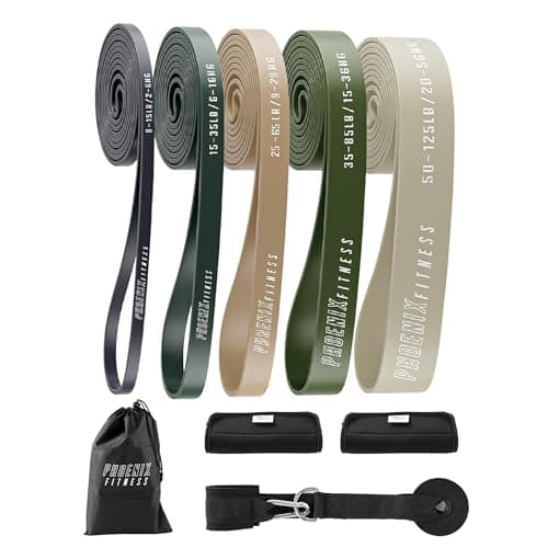 Phoenix Fitness Pull Up Bands Set - 5 Level Resistance Bands for Men and Women - Stackable Exercise Bands with Hand Grips, Door Anchor & Carry Case - Workout Bands for Home & Gym (Khakhi)