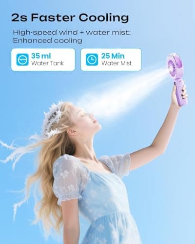 Otlonpe Handheld Mist Fan Portable, Powerful High Speed, Small Personal Rechargeable Cooling Misting Fan Water Spray Mister, 4000mAh Battery Operated for Travel Indoor Outdoor Hand Desk (Purple) — view 2