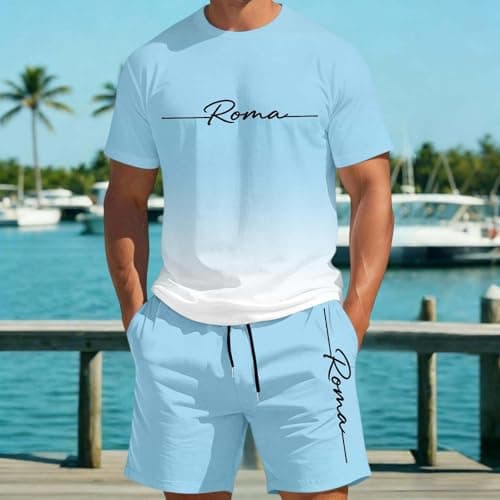 Mens Shorts Set Summer Beach Tracksuits Casual Short Sleeve Muscle Tee Shirts and Classic Fit Sport Shorts Set Tracksuit Sportwear Suits 2 Piece Travel Airport Outfits Jogging (#001 Light Blue,XXS) — view 2