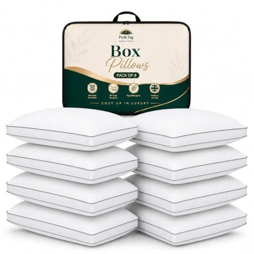 Posh Tag Pillows 8 Pack – Hollow Fibre Bed Pillows for Side Sleepers | Firm Pillow for Neck Support | Pillow's for Neck and Shoulder Pain | Hotel Quality Pillows | Pillow's 8 Pack for Full Home Use