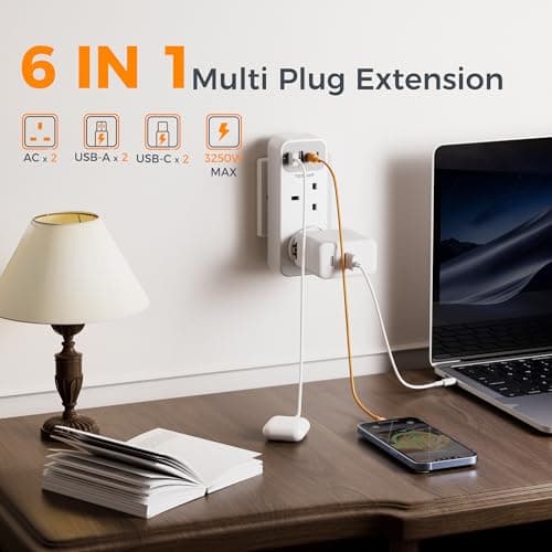 TESSAN Double Plug Adapter UK with 2 USB C, Multi Plug Extension Socket — view 2