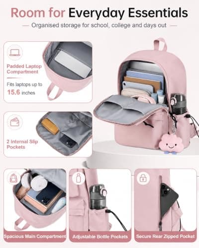 BECOJADDE School Bag for Girls, 15.6" Laptop Backpack for Women, Pink — view 4