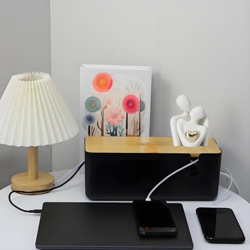 JJQHYC Cable Tidy Box Large Cable Box with Bamboo Lid Cable Management Box Black Cable Organiser for Hiding Cables and Plugs — view 3