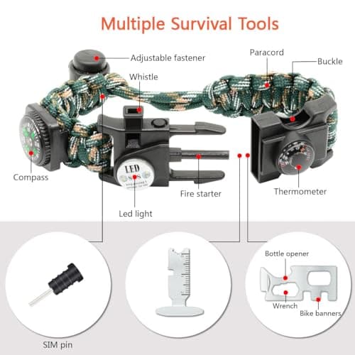 NVioAsport 20 in 1 Survival Paracord Bracelet Adjustable Gear Kit with SOS LED Light, Fire Starter, Bigger Compass, Survival Whistle, Perfect for Camping, Hiking, Fishing — view 2
