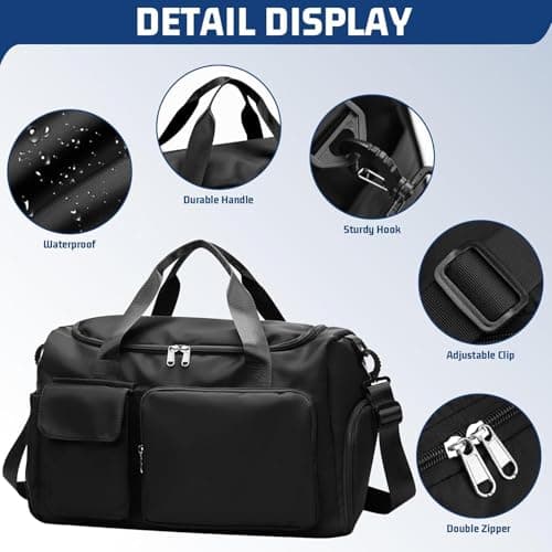 Waterproof Gym Bag Duffle Bag with Wet Pockets and Shoe Compartment, Durable Sports Holdall Bags Travel Bag for Women Man, Weekend Travel Overnight Bag (Black) — view 3